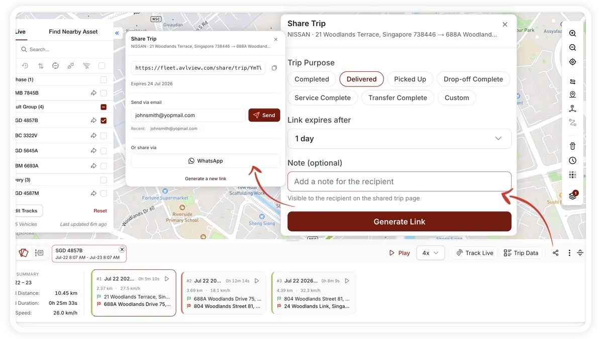 MapView share-a-trip dialog showing purpose and expiry options with email, WhatsApp and copy-link buttons.