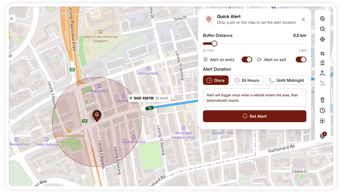 AVLView Quick Alert setup with a dropped pin, radius slider, and entry/exit toggles.