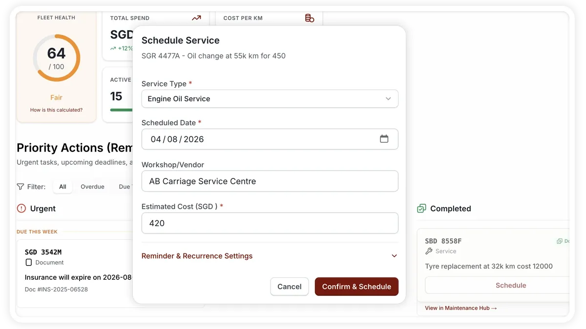 AVLView Service & Maintenance dashboard showing upcoming and overdue tasks with the Schedule Service dialog.