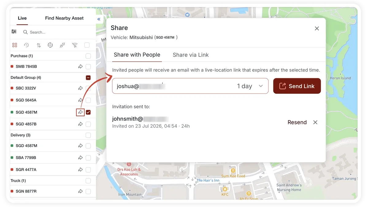 MapView share-location modal with email and link tabs, expiry options, and an add-destination field.