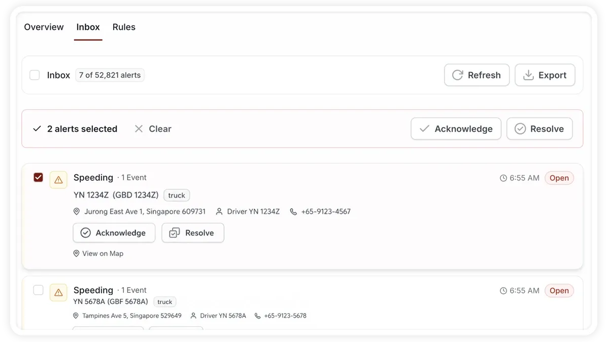 AVLView Alerts Inbox showing filters, a list of alerts, and bulk Acknowledge and Resolve buttons.