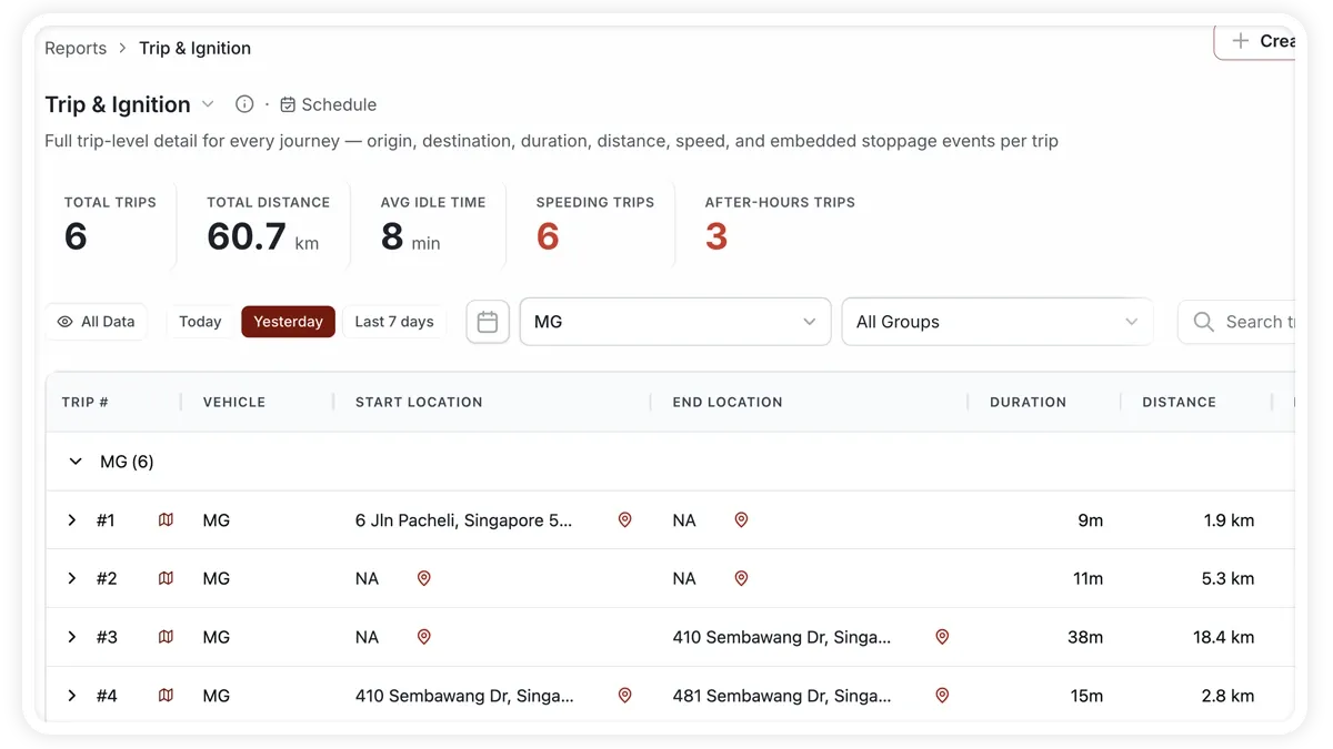 Trip Ignition and Stoppage report showing per-trip detail with embedded stoppage events